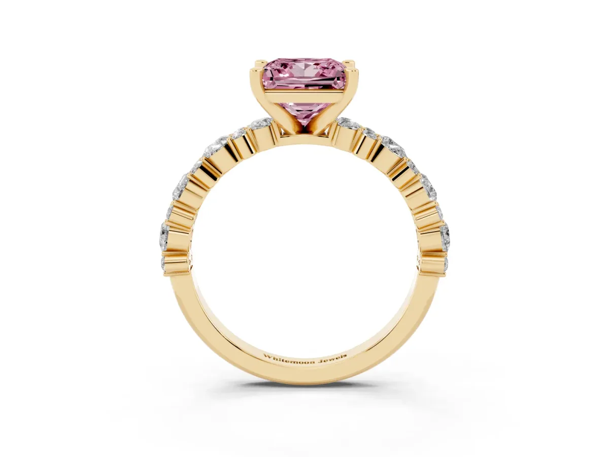 Fancy Pink Princess Cut Diamond Side Stone Solitaire Ring with Round and Four-Prong Setting Yellow gold