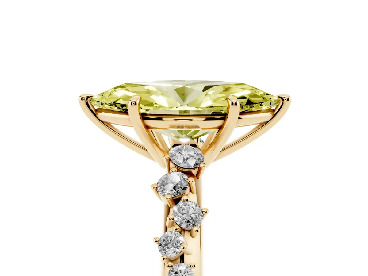 Fancy Yellow Marquise Cut Diamond Cluster Side Stone Solitaire Ring with Prong Setting Yellow gold