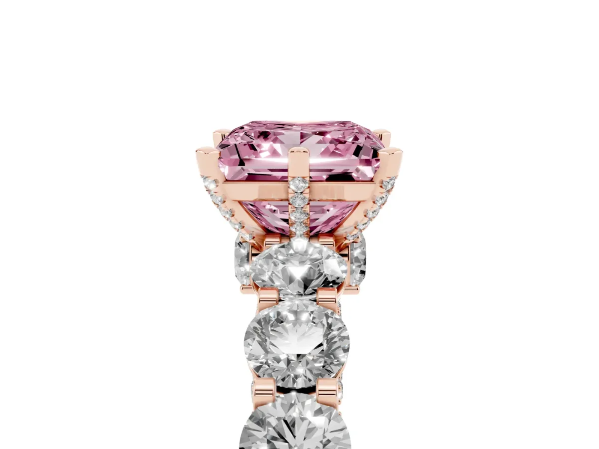 Fancy Pink Princess Cut Diamond Side Stone Engagement Ring with Four-Prong Setting Rose gold