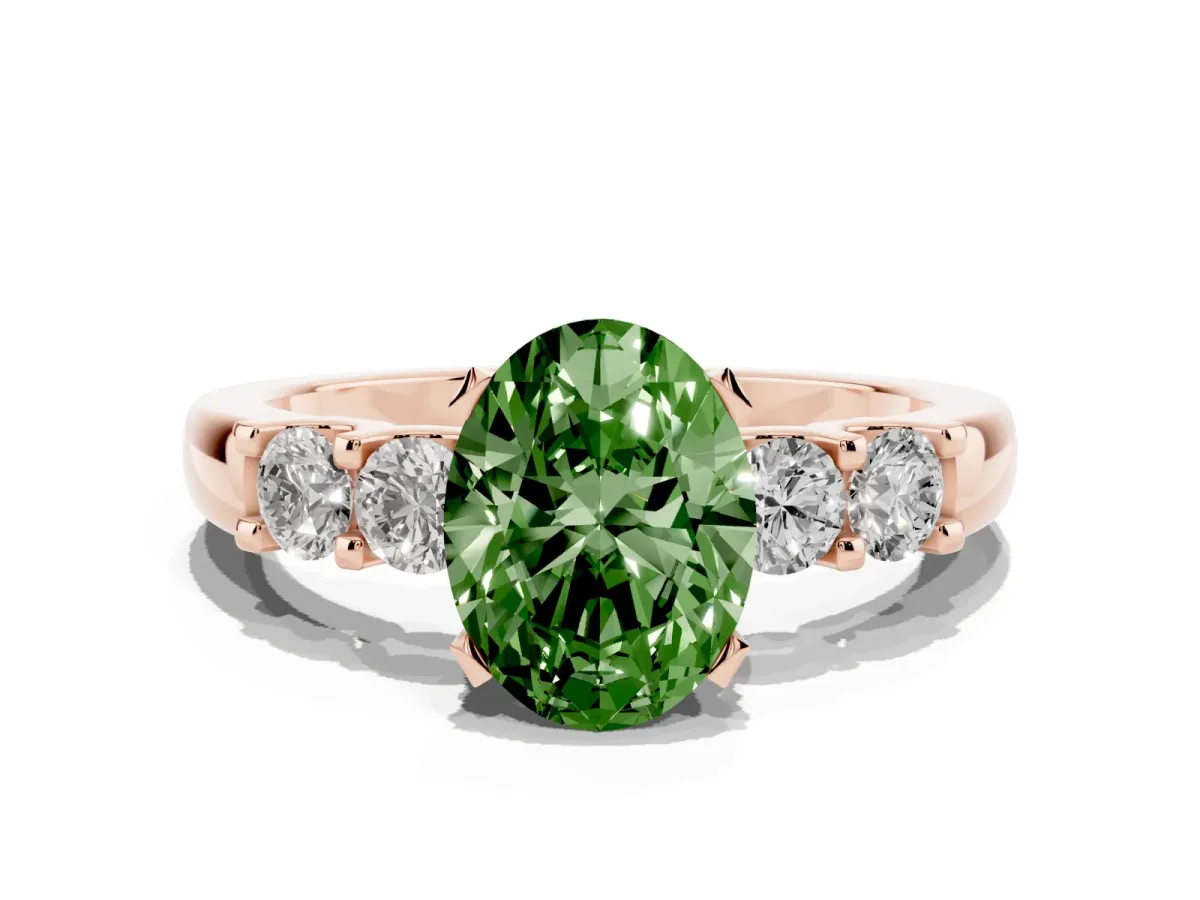 Fancy Green Oval Cut Brilliant Cut Diamond Five-Stone Prong Set Engagement Ring with Channel Band Rose gold