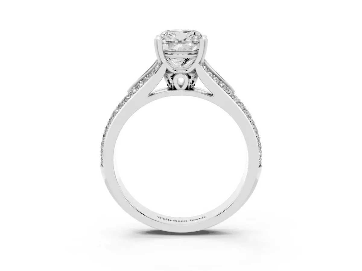Cushion Cut Diamond Split Shank Engagement Ring with Pavé Band White gold
