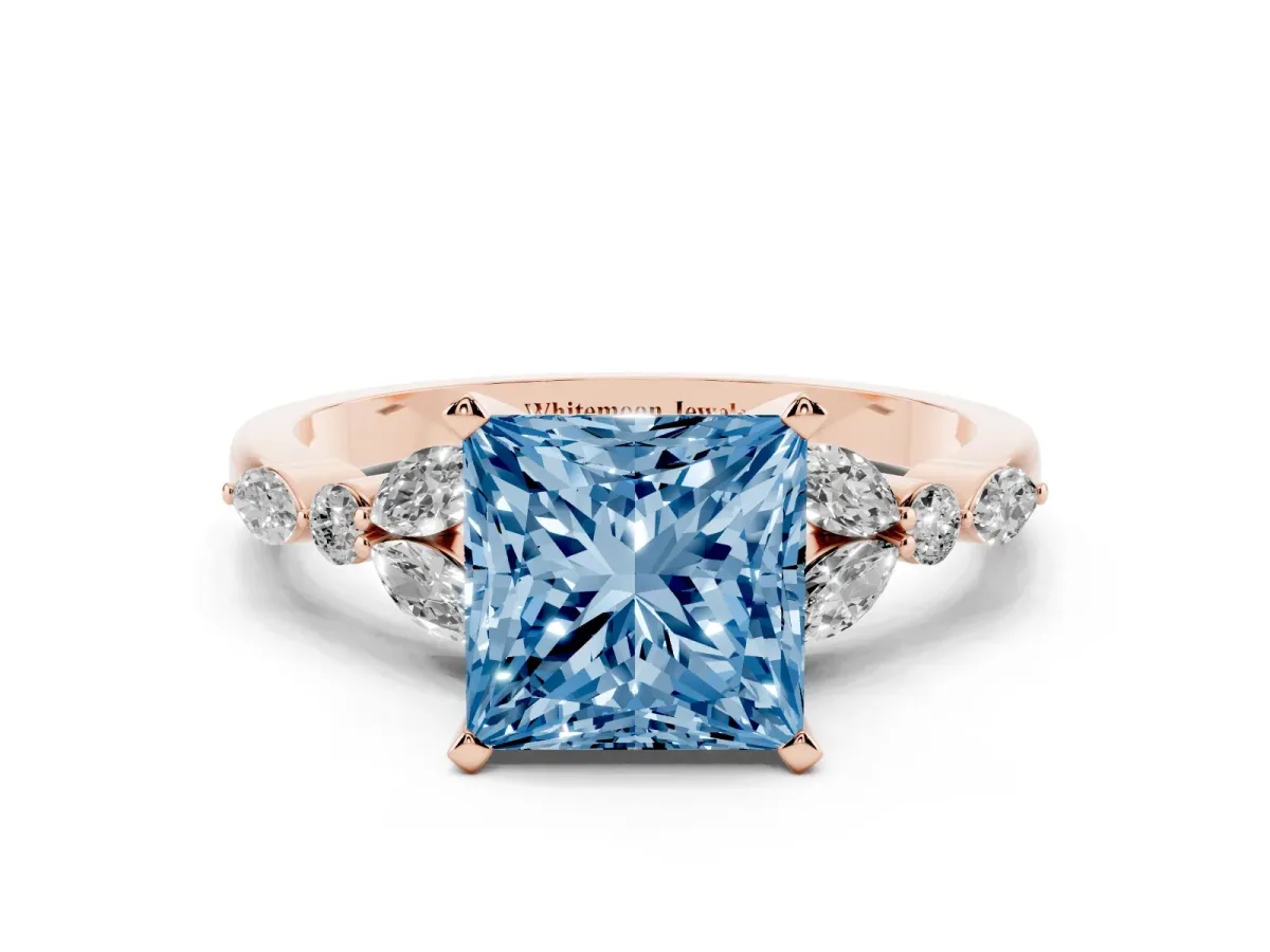 Fancy Blue Princess Cut Diamond Solitaire Ring with Side Stones and Four-Prong Setting Rose gold