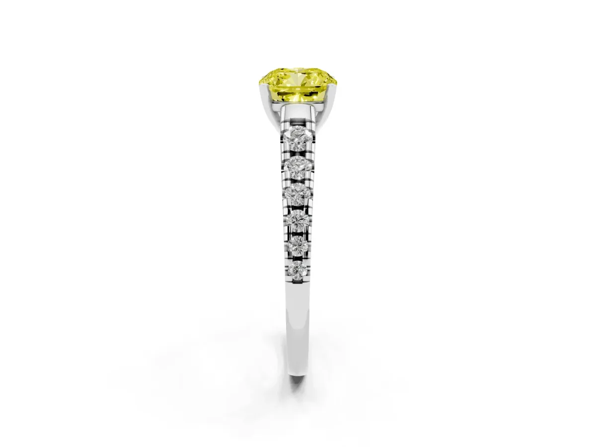 Fancy Yellow Cushion Cut Diamond Cathedral Solitaire Ring with Round Pavé Band Silver