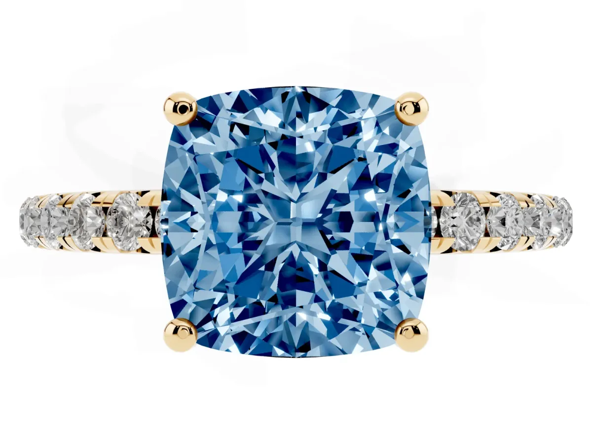 Fancy Blue Cushion Cut Cut Diamond Solitaire Ring with Micro Pave Band and Four Prong Setting Yellow gold