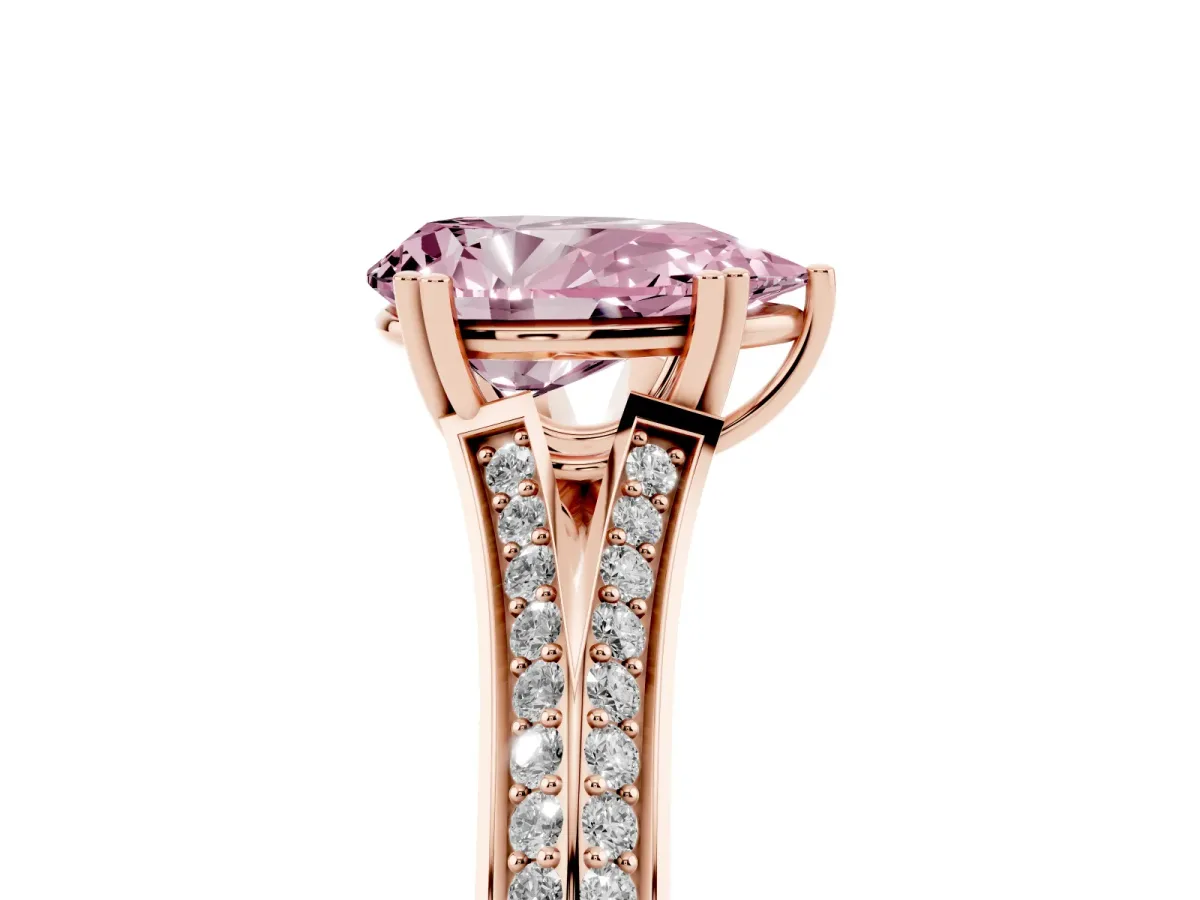 Fancy Pink Pear Cut Diamond Split Shank Engagement Ring with Pavé Band Rose gold