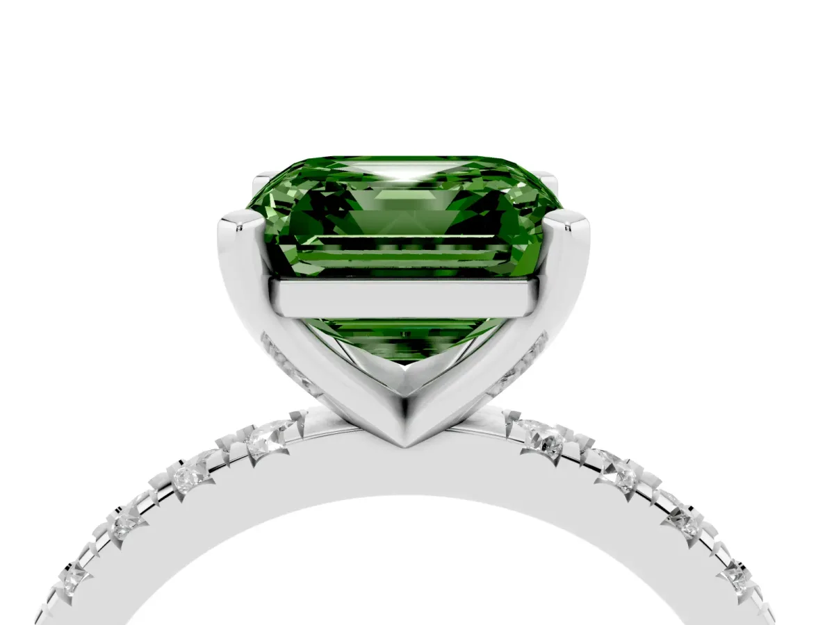 Fancy Green Asscher Cut Diamond Pavé Band Solitaire with Four-Prong Setting Silver