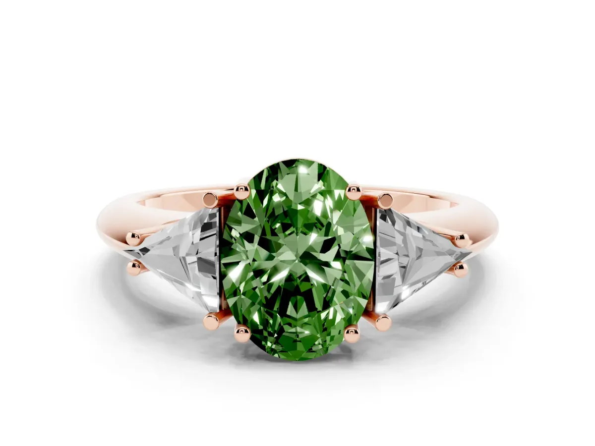 Fancy Green Three-Stone Oval Cut Diamond Engagement Ring with Trillion Side Stones and Prong Setting Rose gold