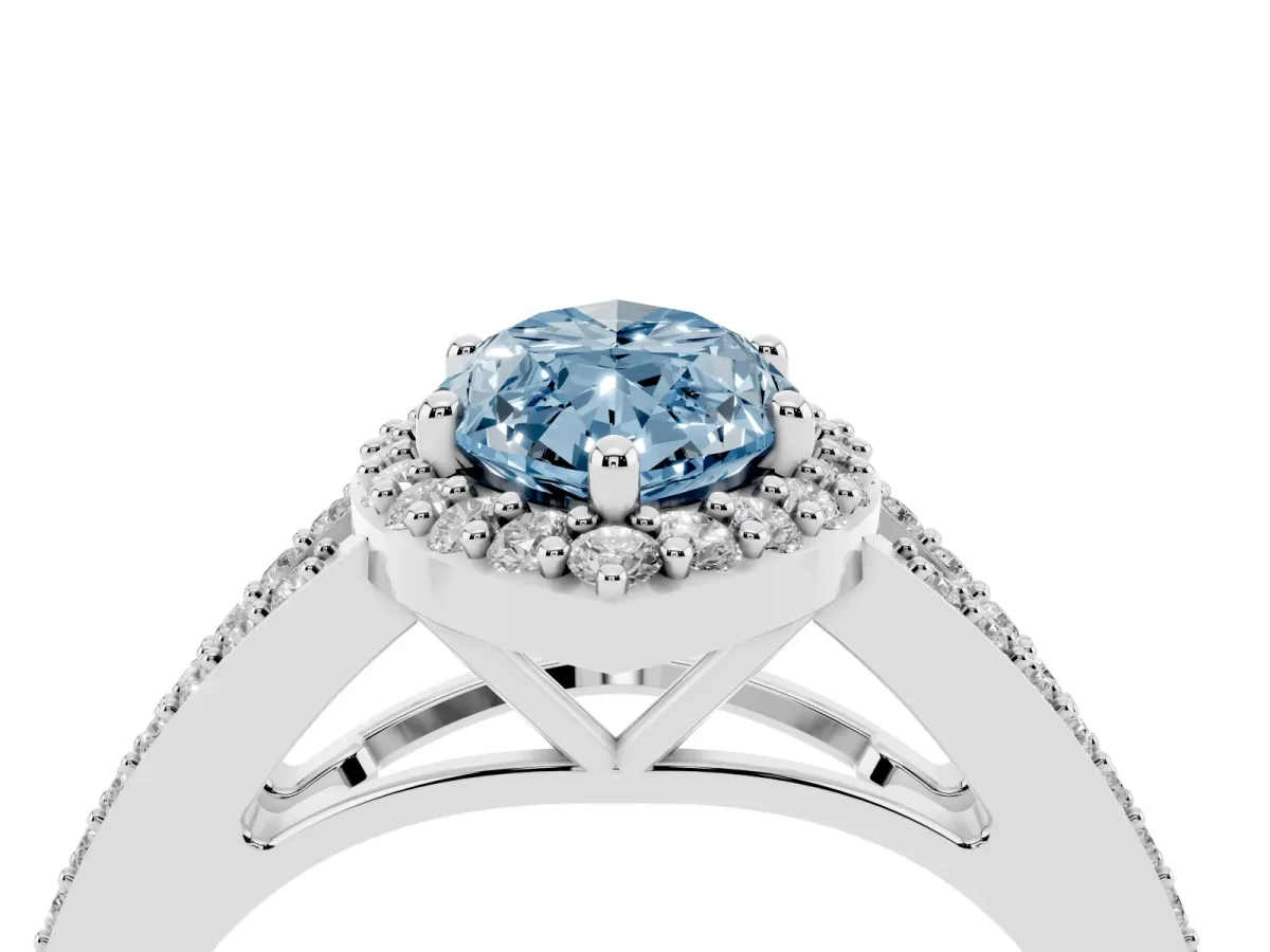 Fancy Blue Marquise Cut Halo Split Shank Diamond Ring with Prong Setting Silver