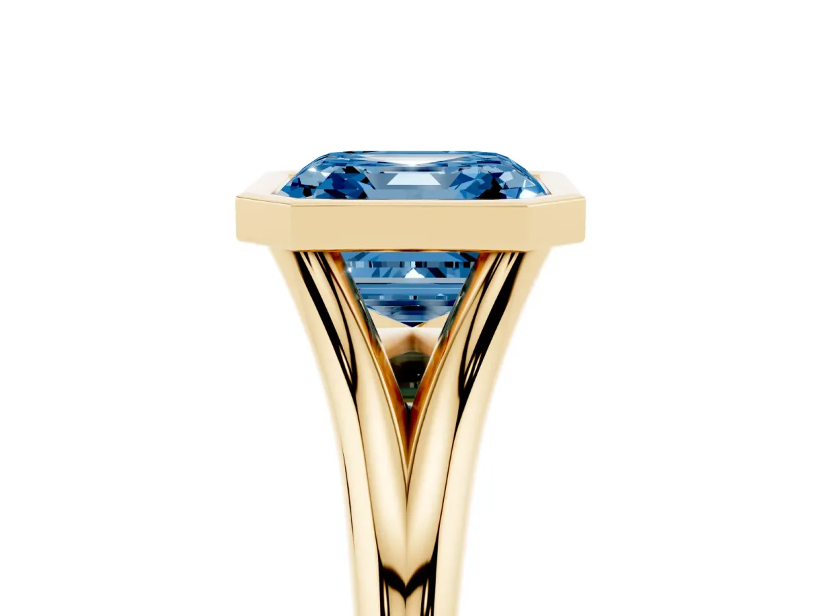 Fancy Blue Bezel Set Asscher Cut Cut Solitaire Ring with Tapered Band Yellow gold
