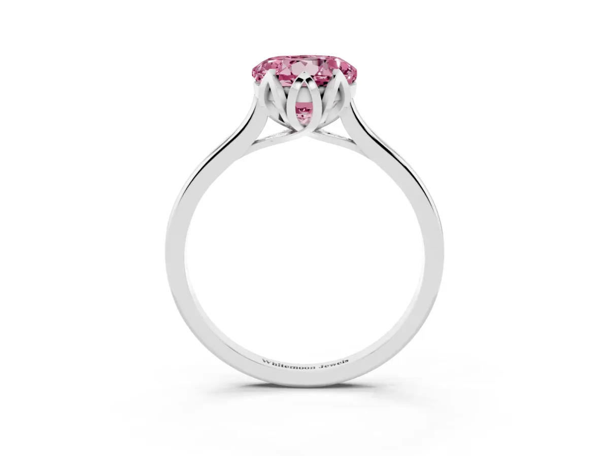 Fancy Pink Round Cut Diamond Solitaire Ring with Flower Prong Setting and Classic Band Silver