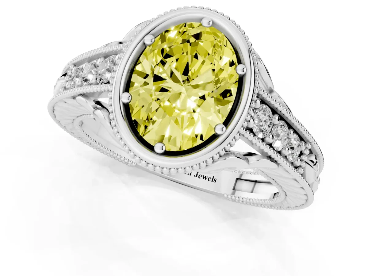 Fancy Yellow Bezel Set Oval Cut Diamond Milgrain Pave Engagement Ring Silver