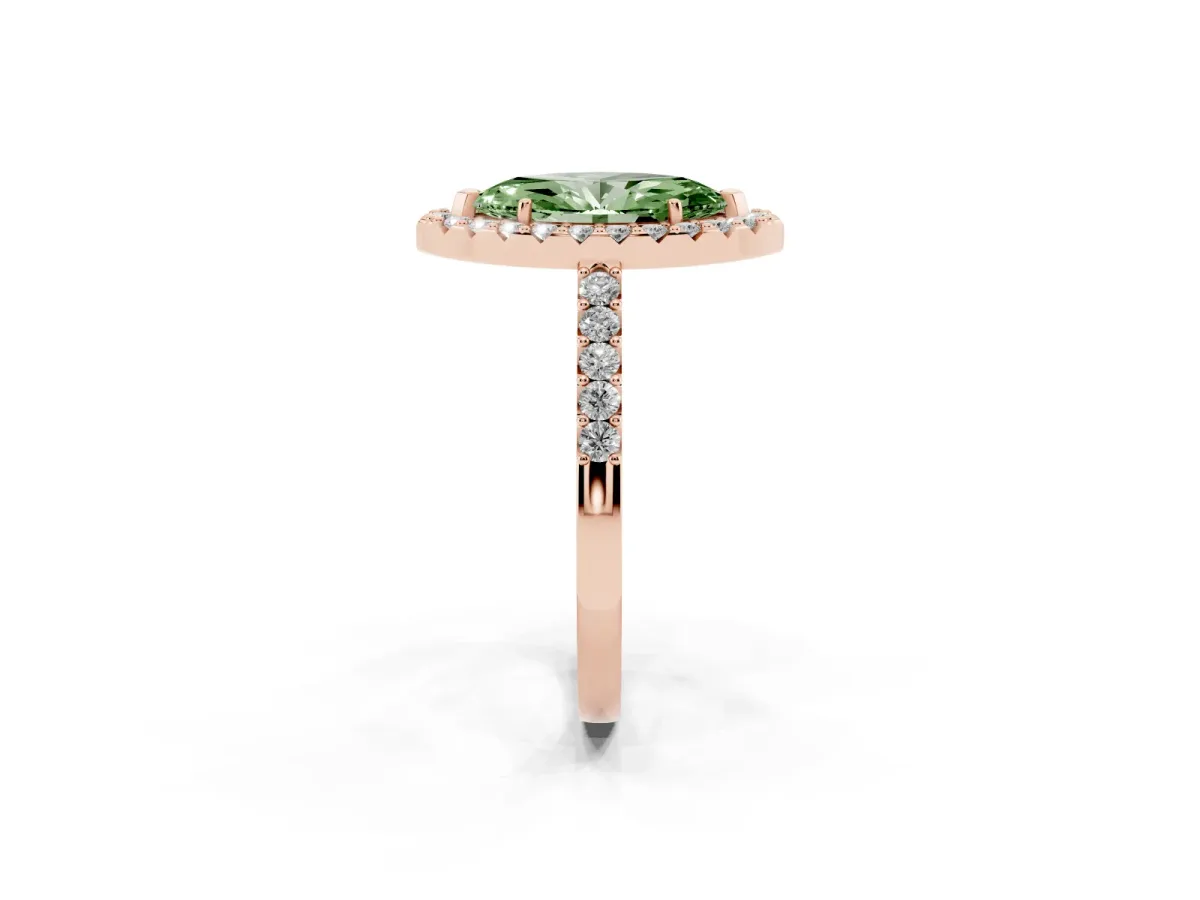 Fancy Green Marquise Cut Halo Diamond Pavé Solitaire Ring Rose gold