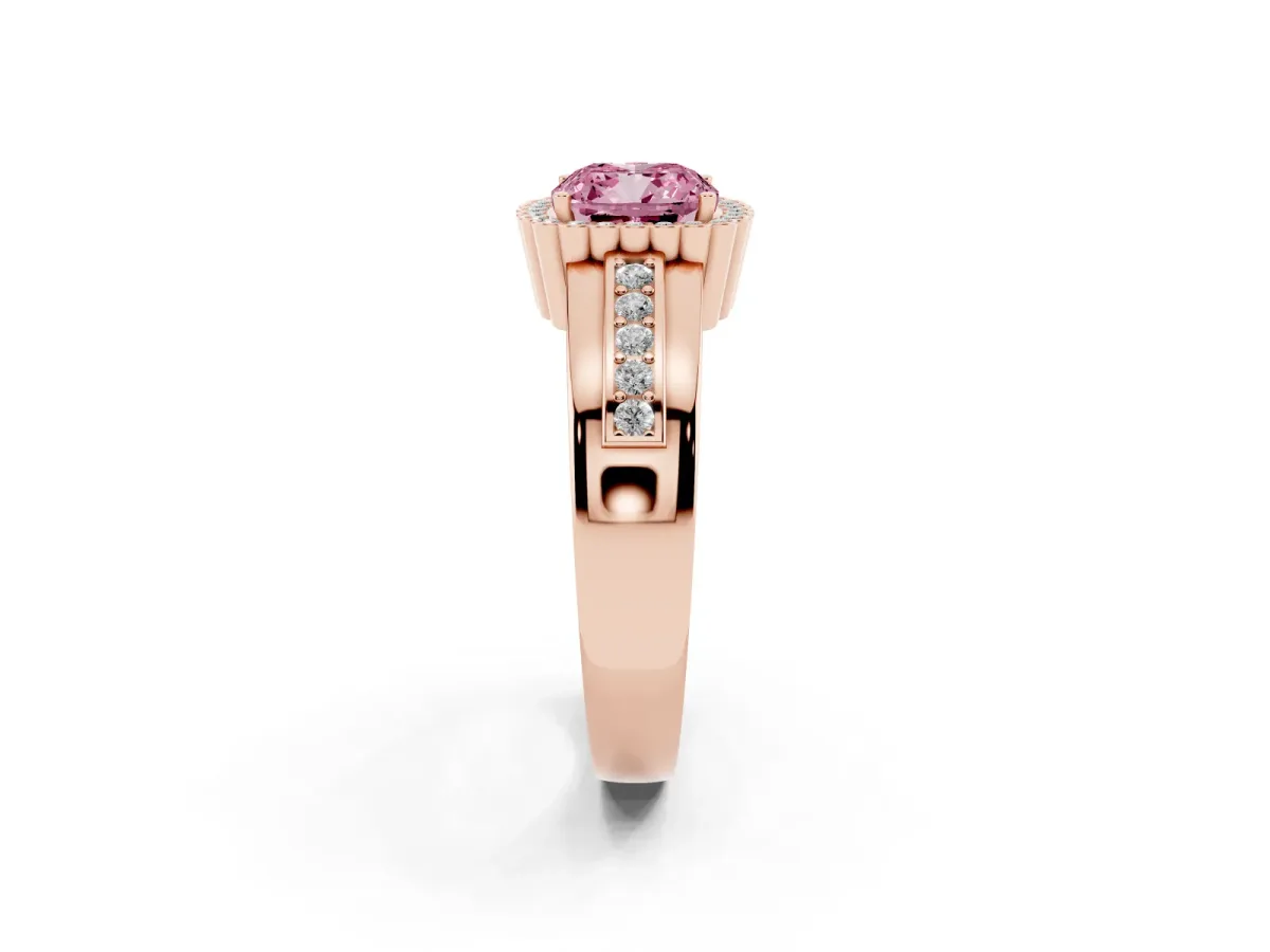 Fancy Pink Cushion Cut Cut Halo Pave Band Four-Prong Ring Rose gold