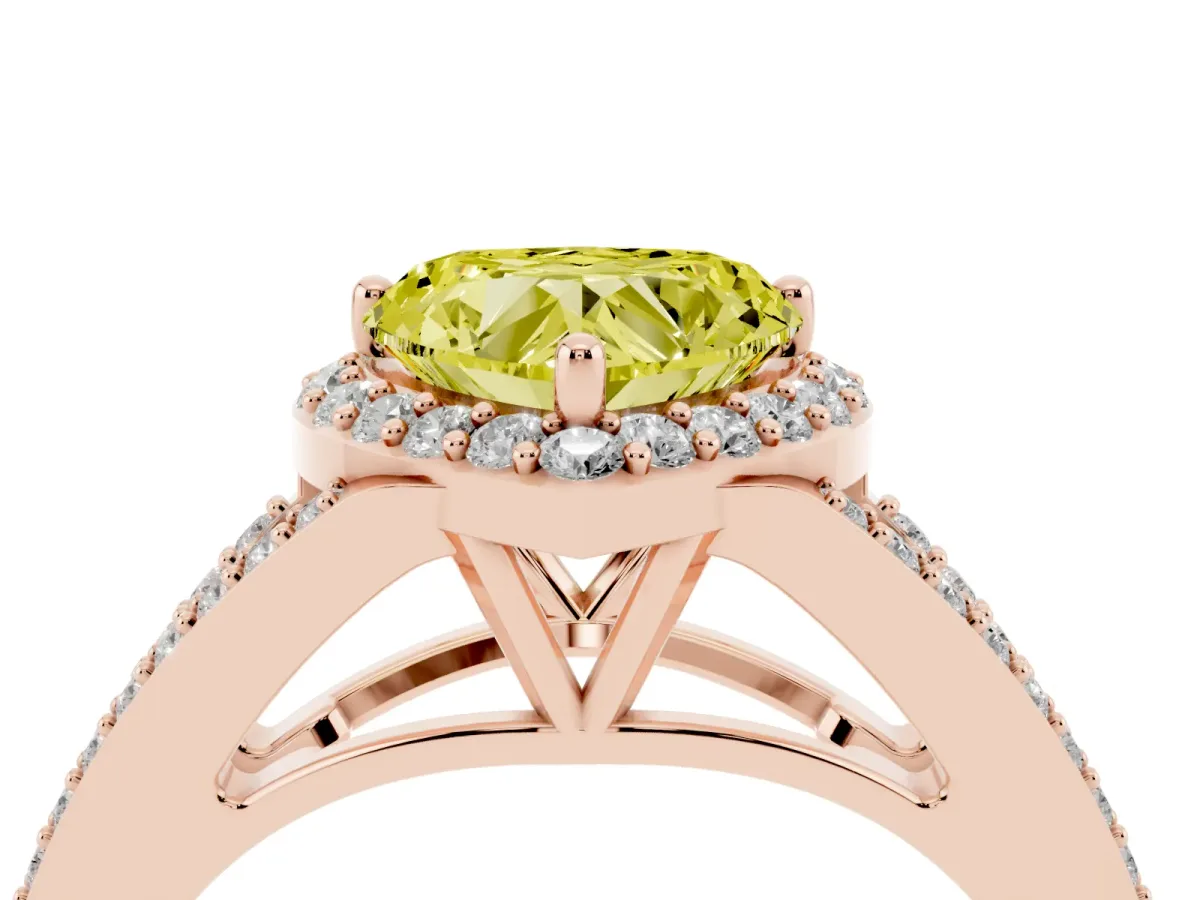 Fancy Yellow Heart Cut Halo Split Shank Diamond Ring with Prong Setting Rose gold
