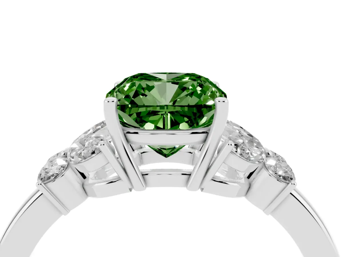 Fancy Green Cushion Cut Cut Solitaire Floral Diamond Ring with Four-Prong Setting Silver