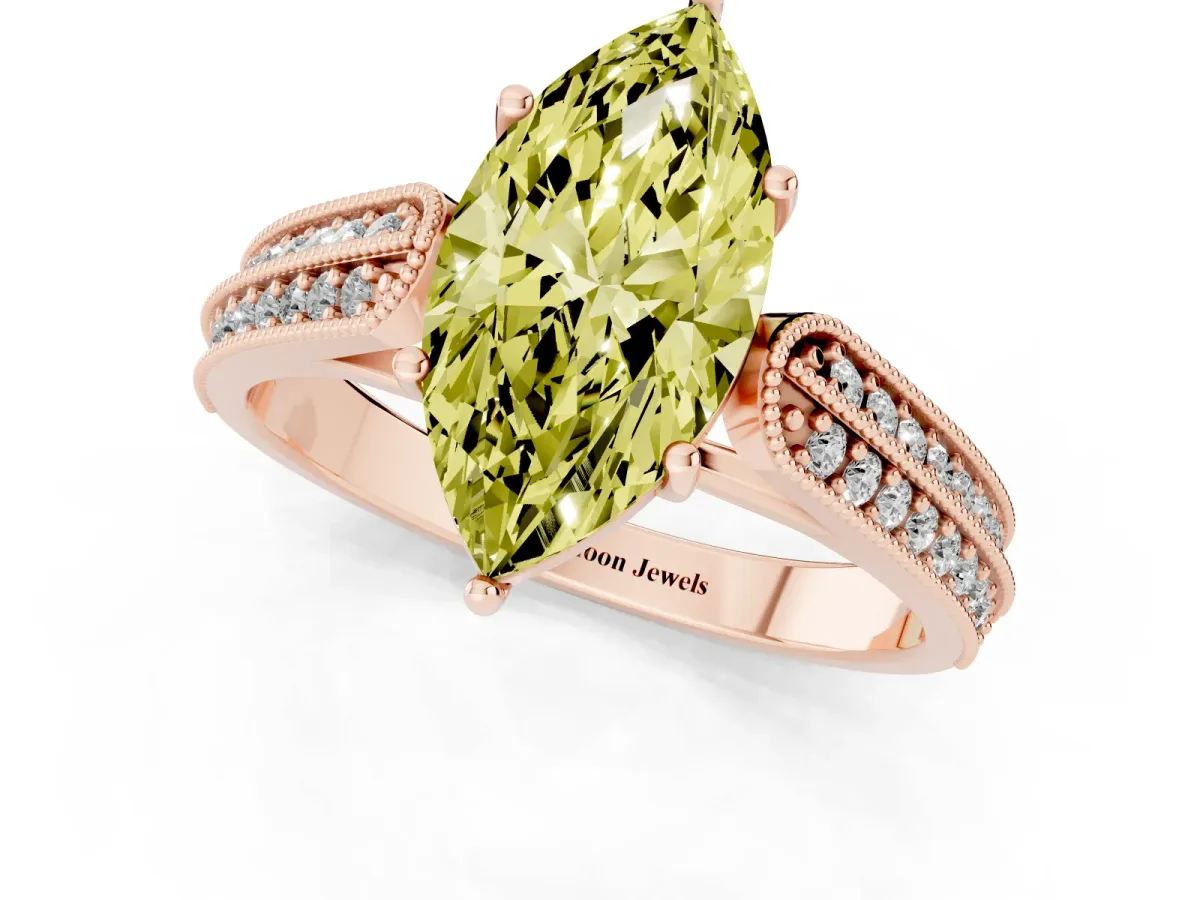 Fancy Yellow Marquise Cut Cut Pave Split Shank Engagement Ring with Four-Prong Setting Rose gold