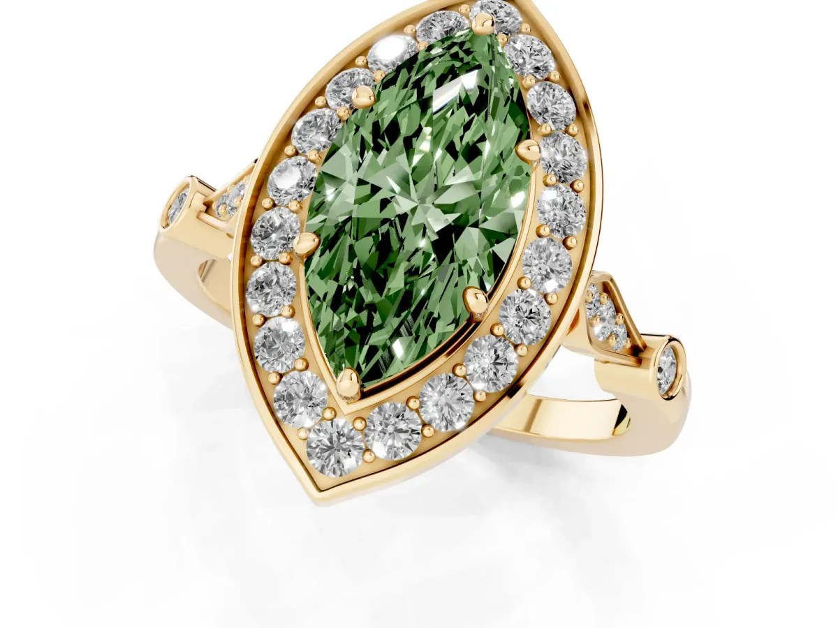 Fancy Green Marquise Cut Halo Diamond Engagement Ring with Twisted Band and Four-Prong Setting Yellow gold