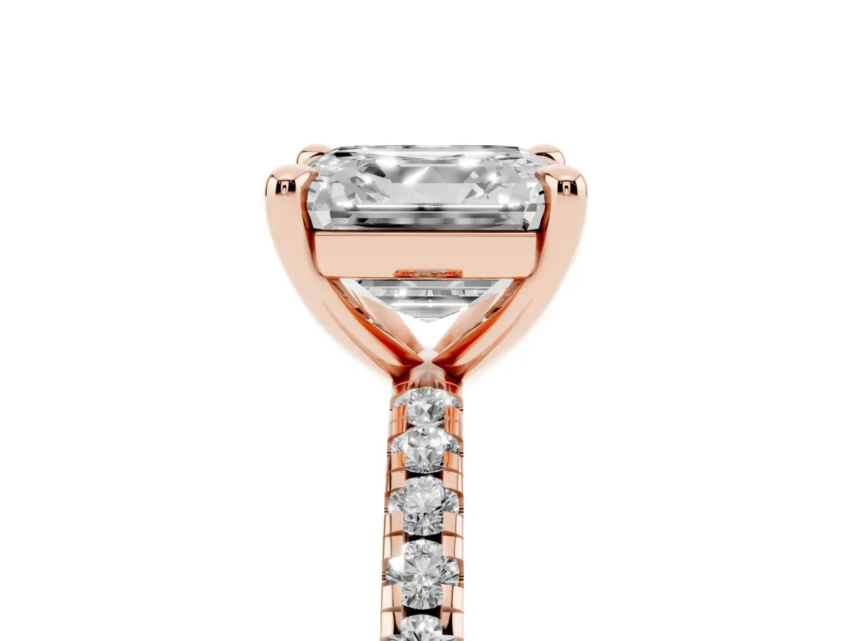 Asscher Cut Diamond Brilliant Solitaire Ring with Pavé Band and Four-Prong Setting Rose gold