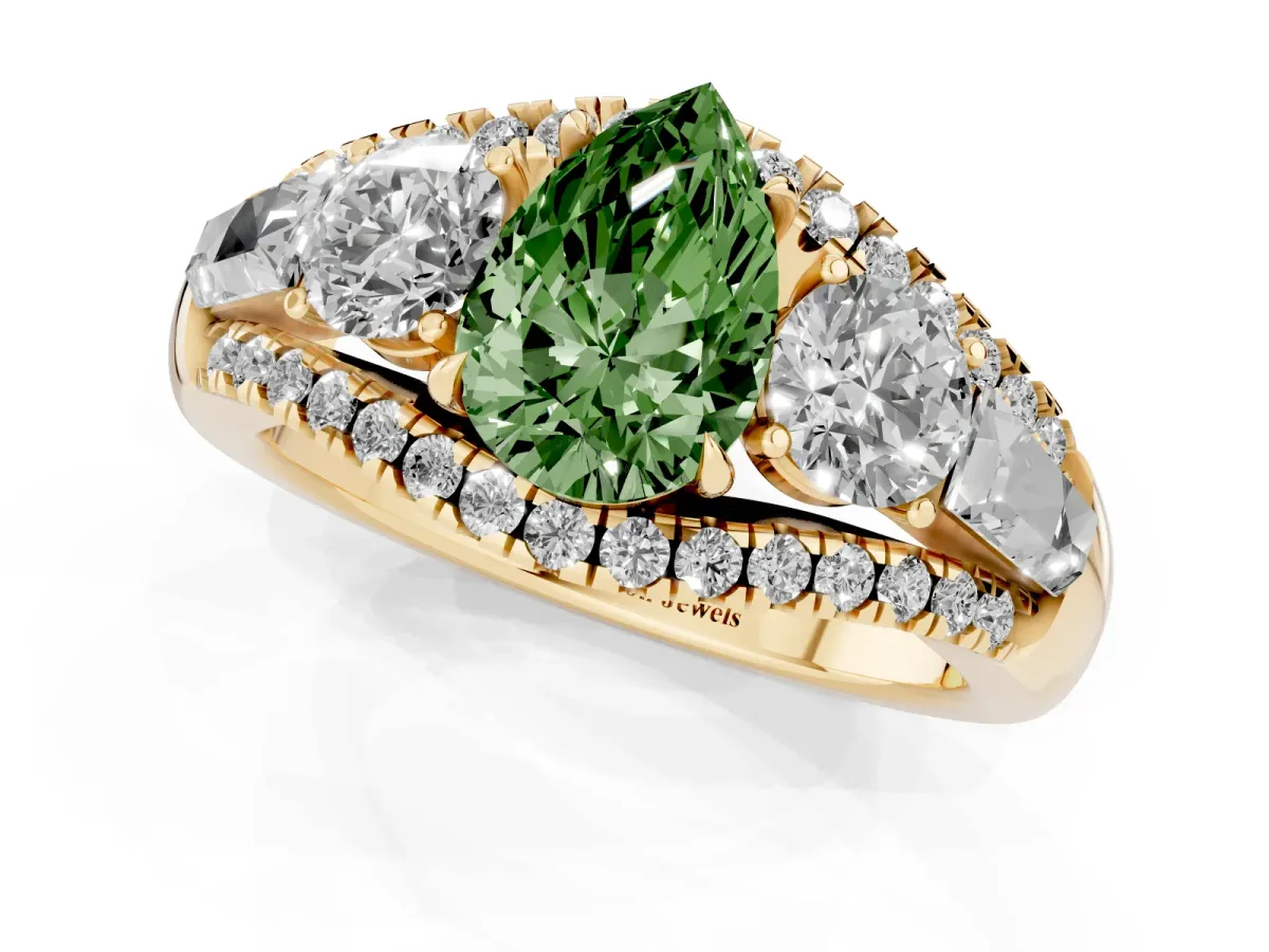 Fancy Green Three-Stone Pear Cut Diamond Engagement Ring with Pave Band and Prong Setting Yellow gold