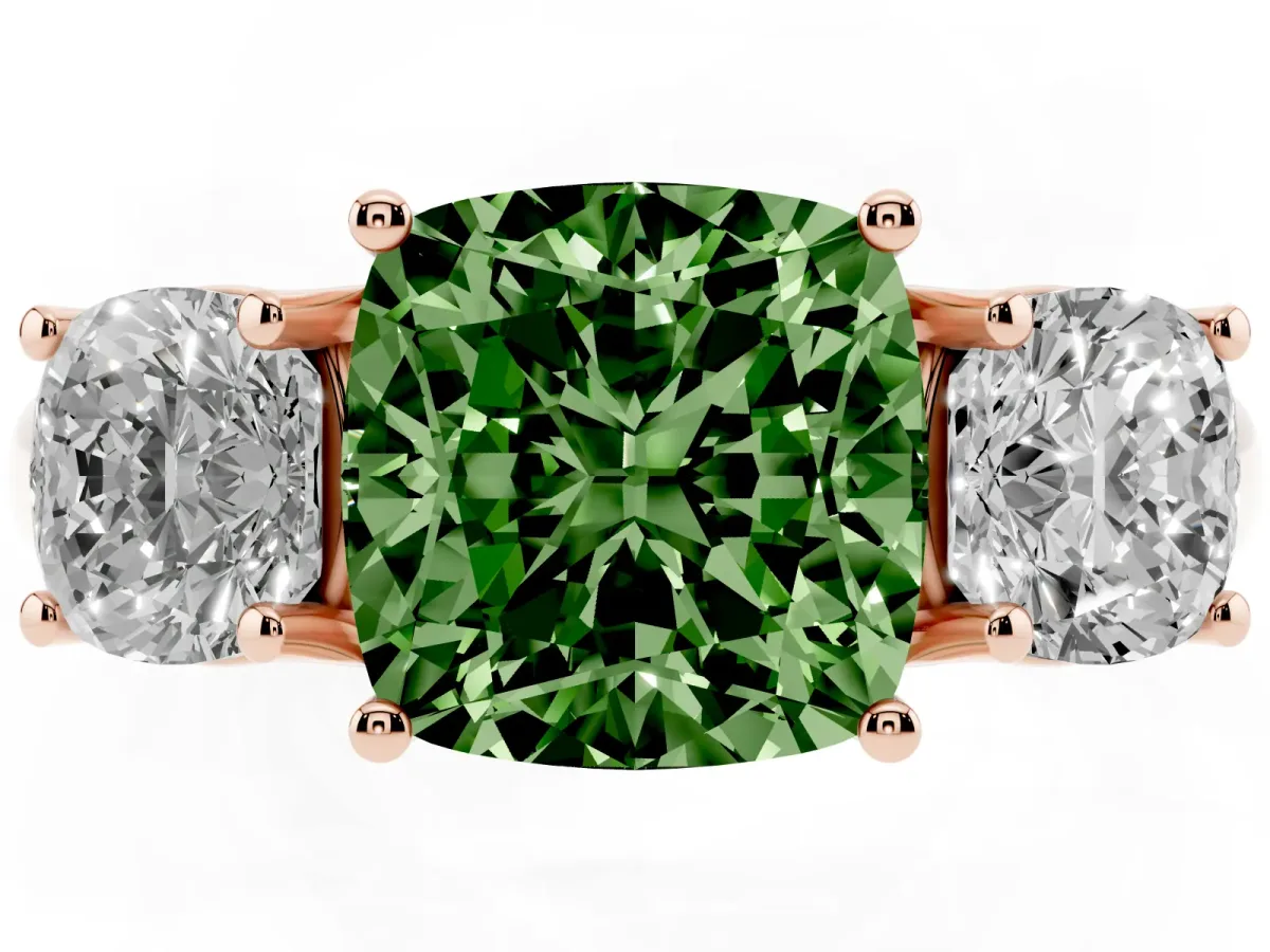 Fancy Green Three-Stone Cushion Cut Diamond Engagement Ring with Prong Setting Rose gold