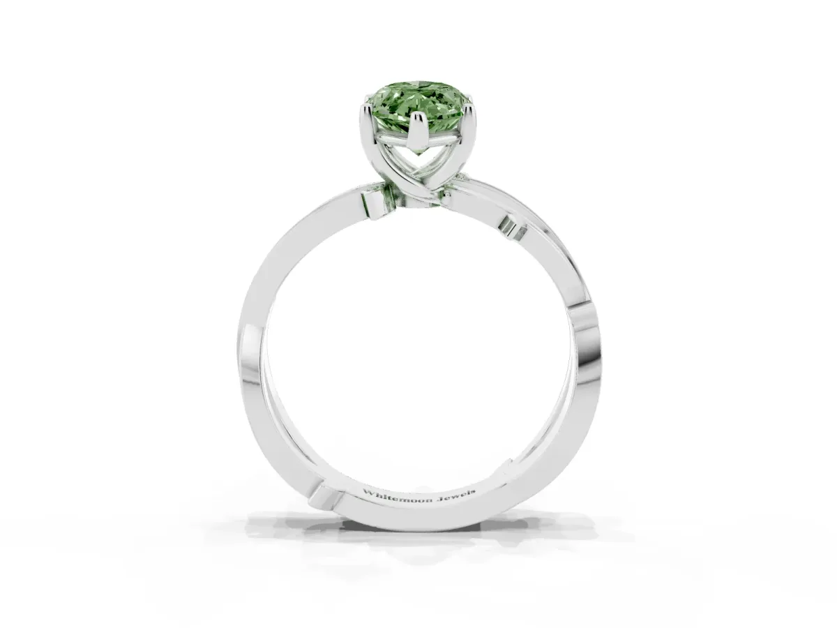 Fancy Green Marquise Cut Solitaire Twist Band with Pavé Accents and Four-Prong Setting White gold