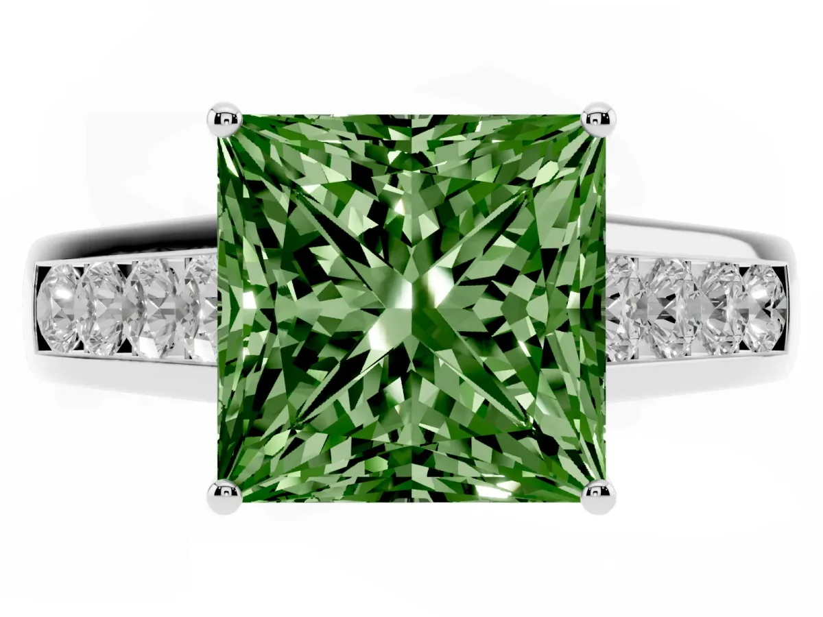 Fancy Green Princess Cut Solitaire Channel-Set Diamond Engagement Ring with Four-Prong Setting Silver