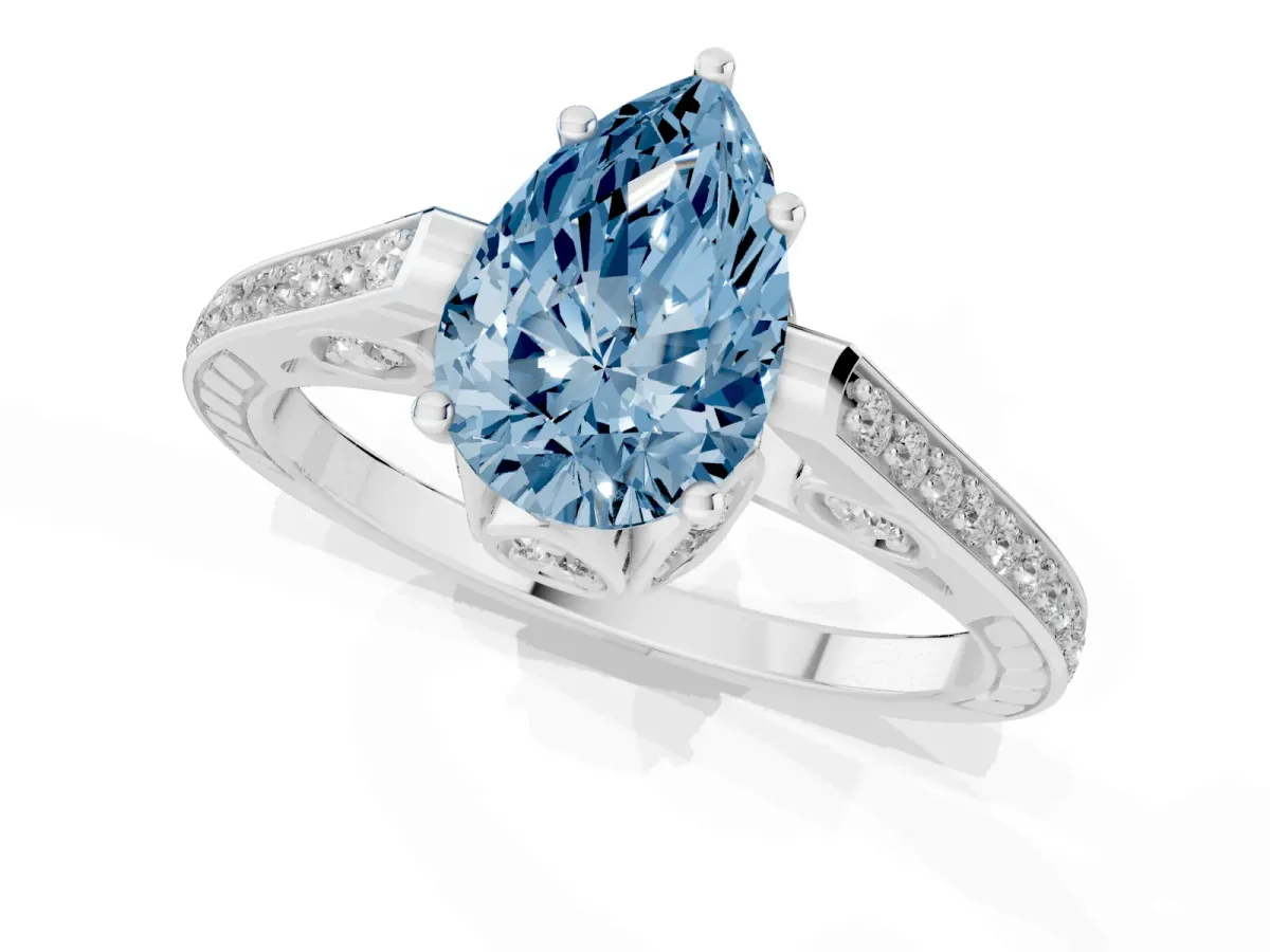 Fancy Blue Pear Cut Cut Cathedral Pave Diamond Engagement Ring with Six-Prong Setting Silver
