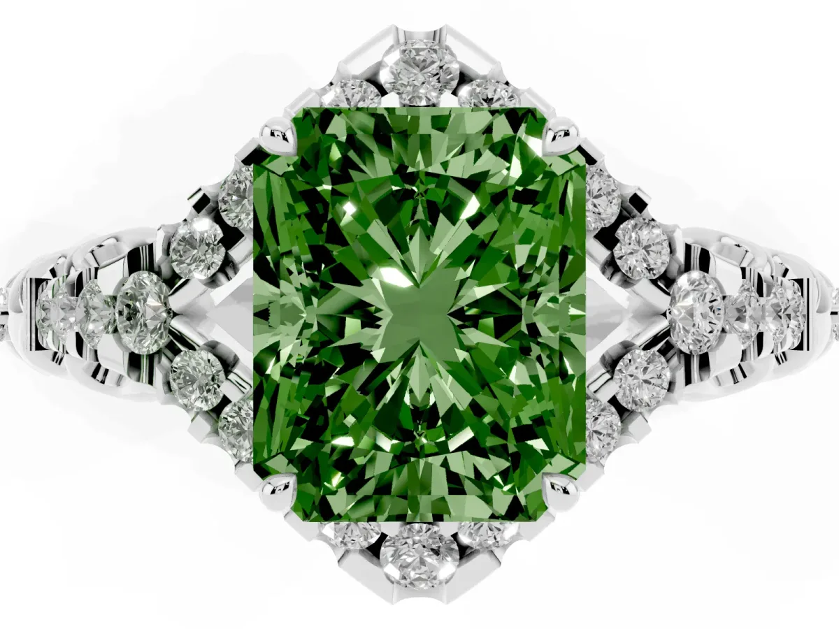 Fancy Green Radiant Cut Diamond Solitaire Ring with Hidden Halo and Pavé Band White gold