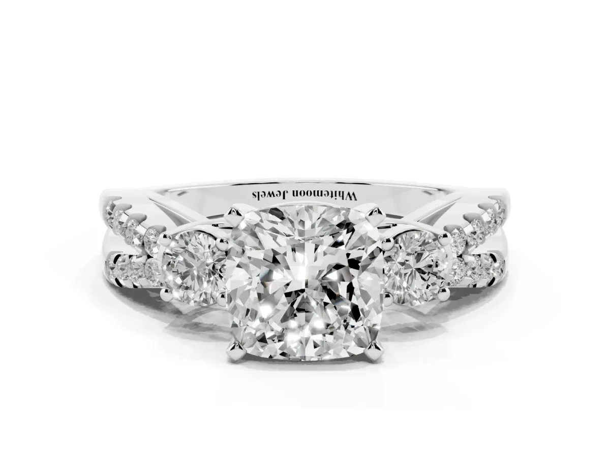 Cushion Cut Diamond Three-Stone Ring with Pavé Split Shank and Four-Prong Setting Silver