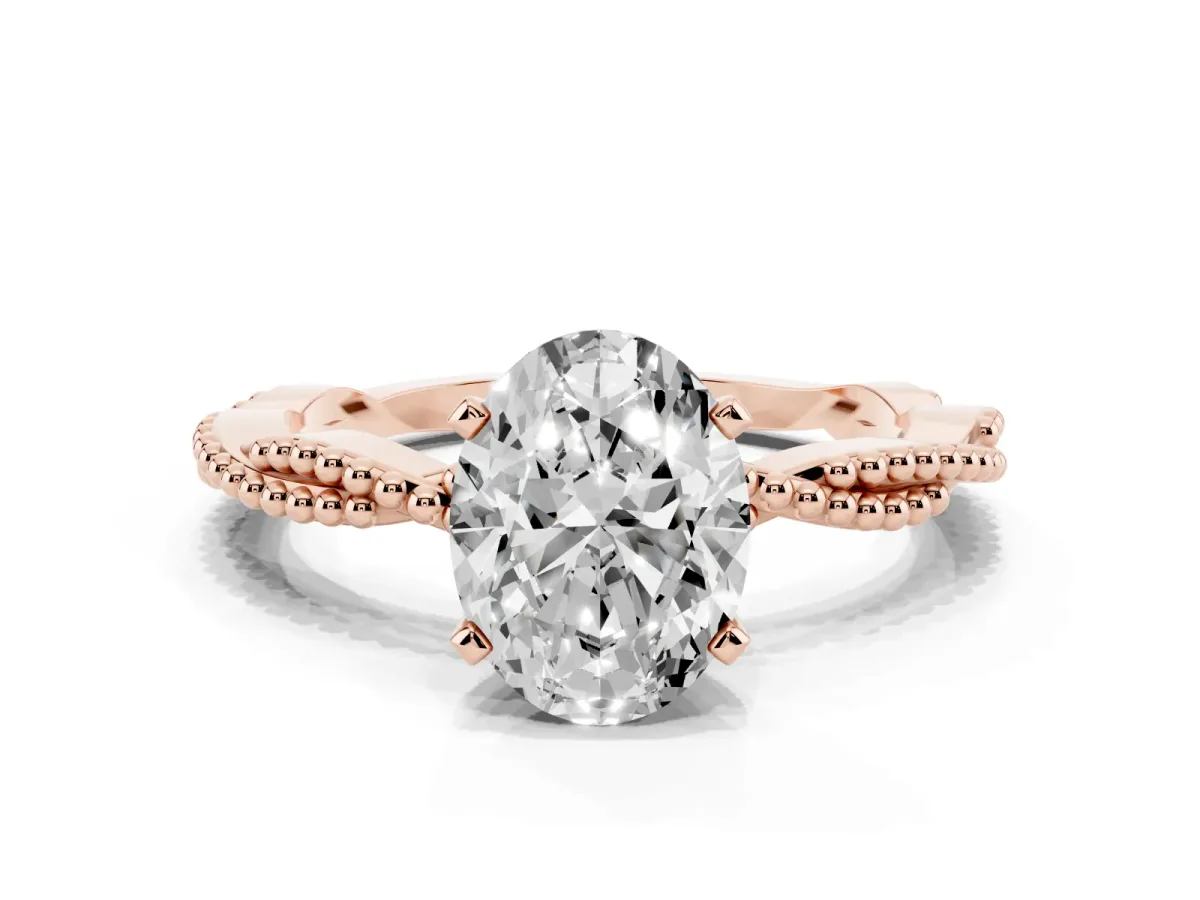 Oval Cut Solitaire Twisted Band with Bead Prong Setting Rose gold