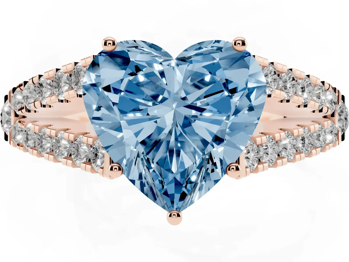Fancy Blue Heart Cut Diamond Split Shank Engagement Ring with Round Pavé and Prong Setting Rose gold
