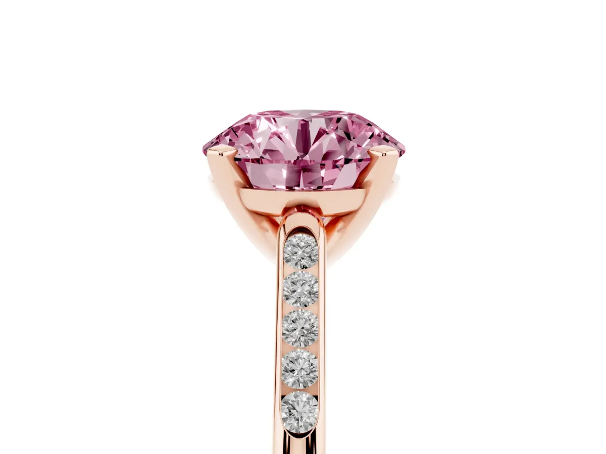 Fancy Pink Round Cut Diamond Solitaire Ring with Channel Set Round Band and Prong Setting Rose gold