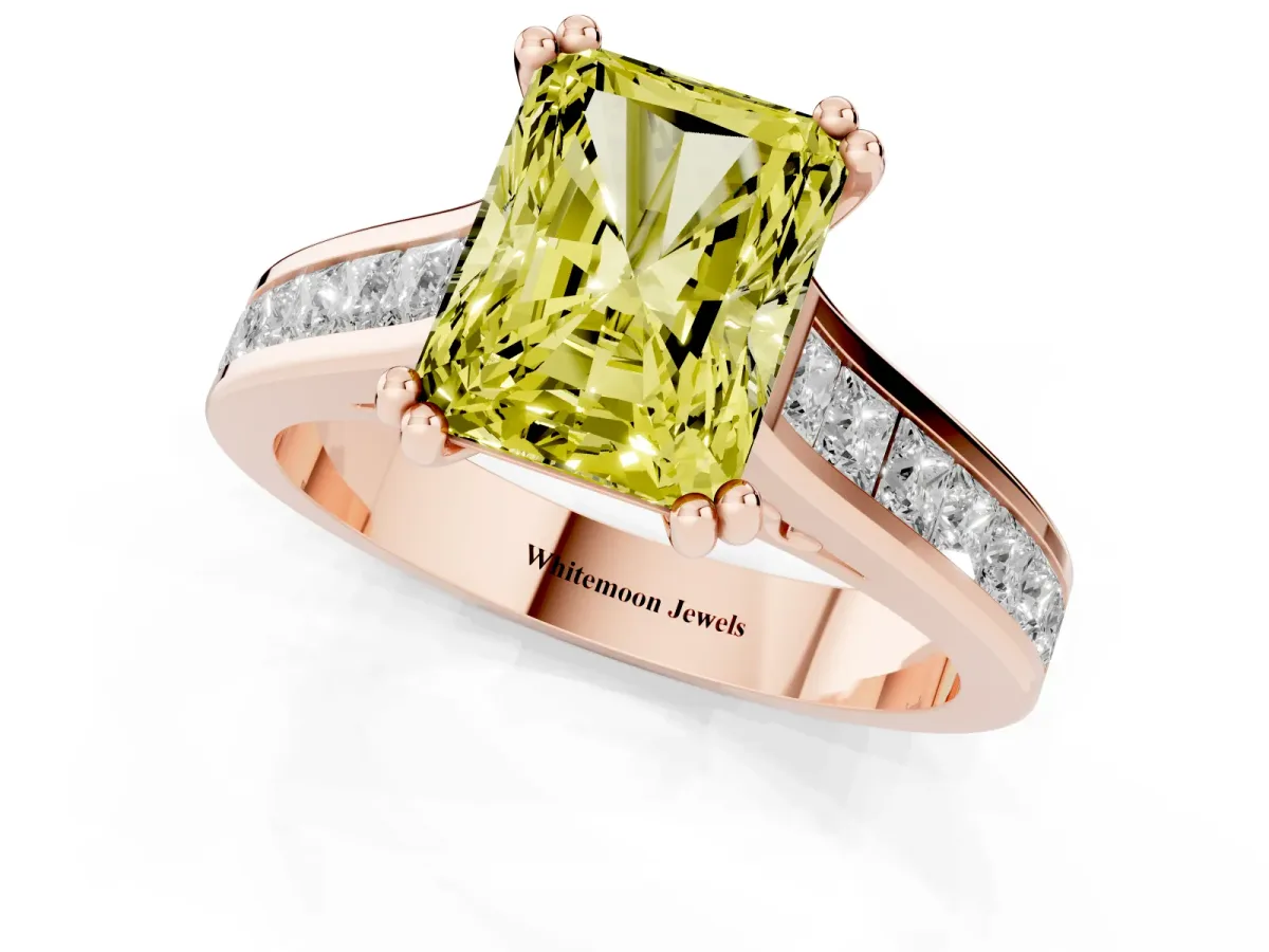 Fancy Yellow Radiant Cut Cut Channel Set Solitaire Engagement Ring with Prong Setting Rose gold