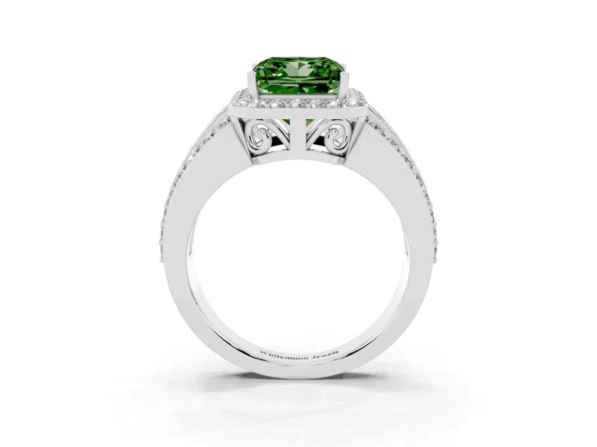 Fancy Green Princess Cut Halo Diamond Ring with Round Split Shank and Prong Setting Silver
