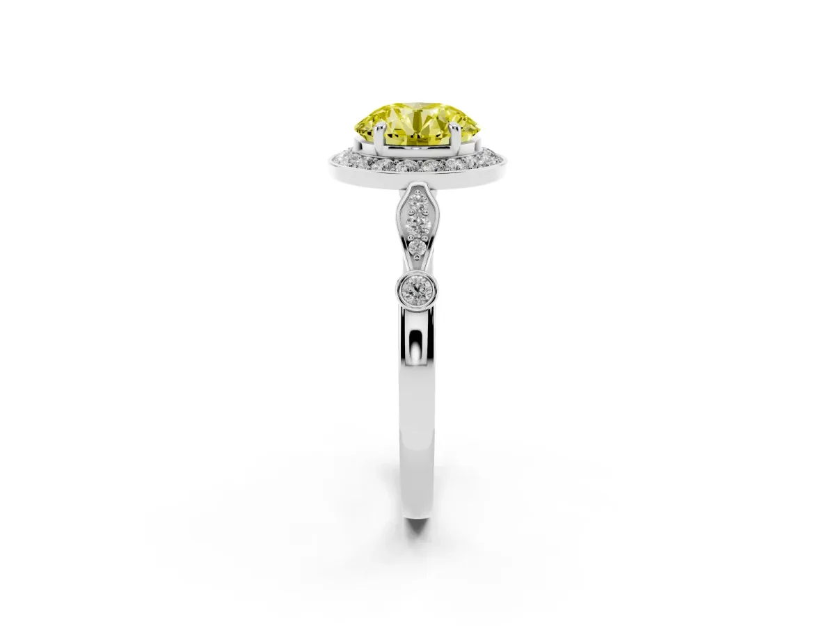 Fancy Yellow Round Cut Halo Diamond Engagement Ring with Twisted Band and Four-Prong Setting Platinum