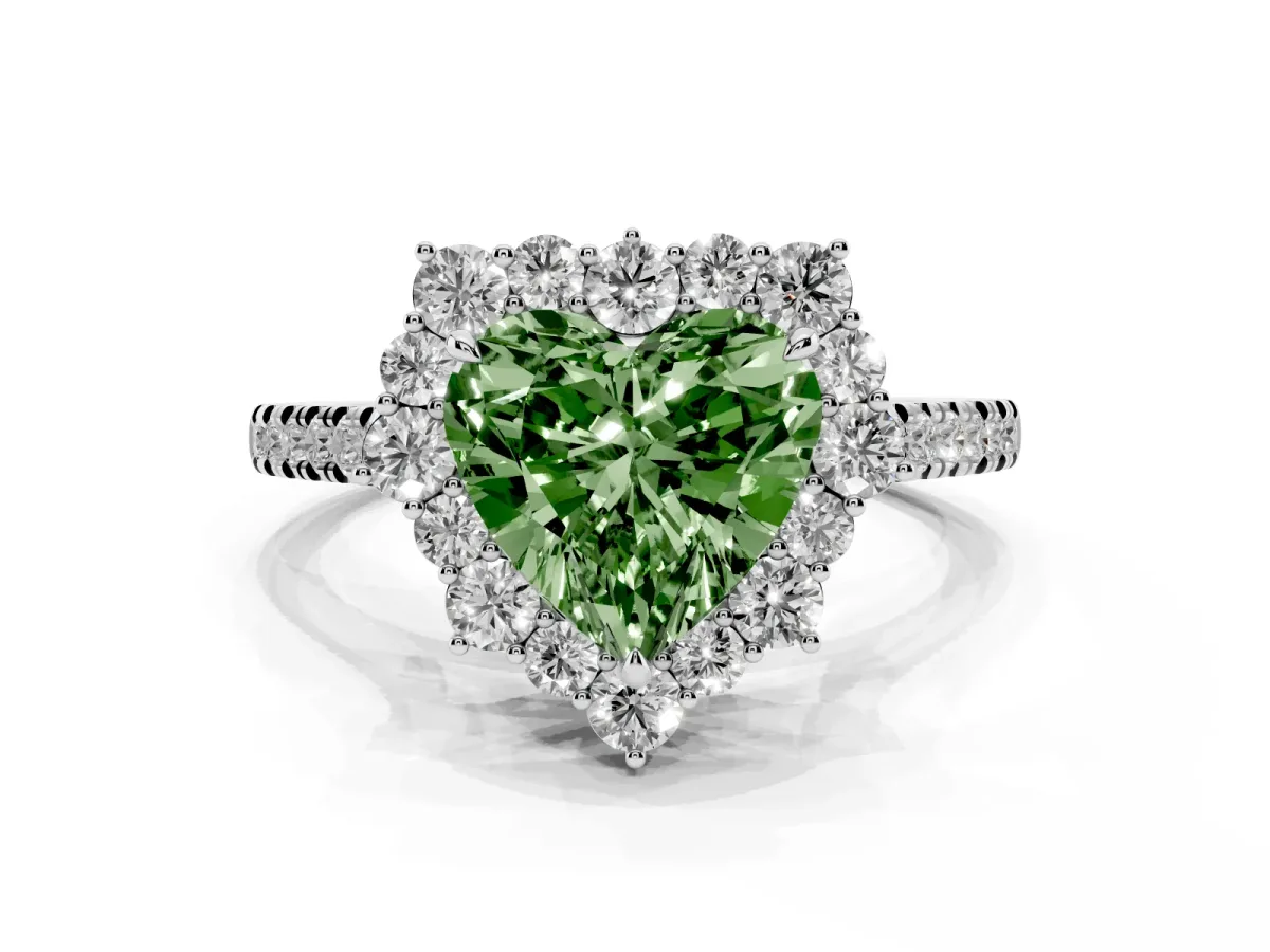 Fancy Green Heart Cut Halo Diamond Ring with Pavé Band and Prong Setting Silver