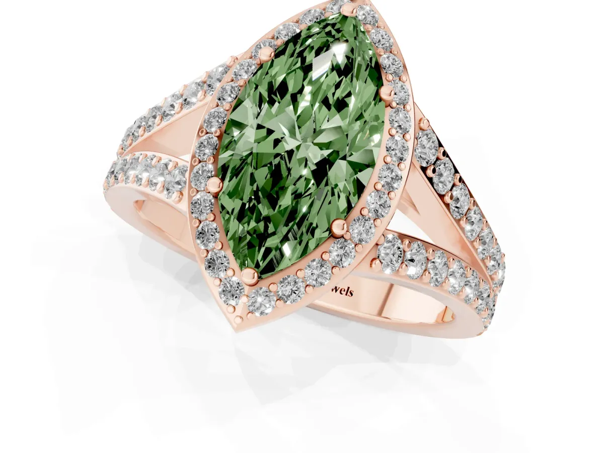 Fancy Green Marquise Cut Diamond Split Shank Halo Ring with Four-Prong Setting Rose gold