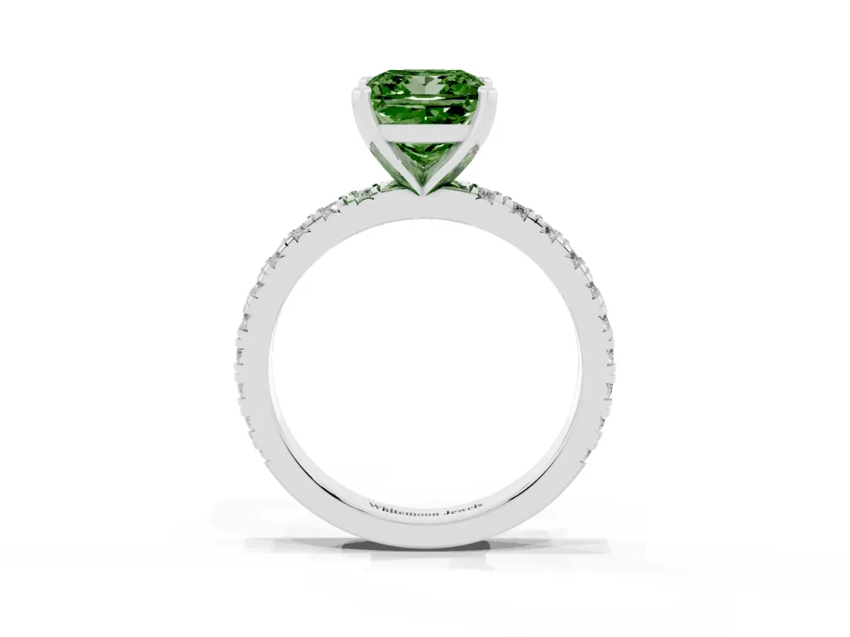 Fancy Green Princess Cut Diamond Pavé Band Solitaire with Four-Prong Setting Silver