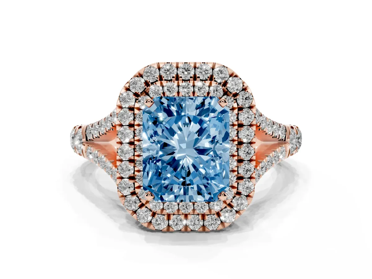 Fancy Blue Radiant Cut Diamond Double Halo Ring with Split Shank and Prong Setting Rose gold