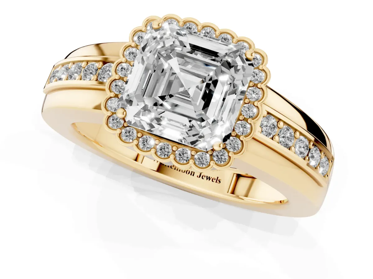 Asscher Cut Cut Halo Pave Band Four-Prong Ring Yellow gold