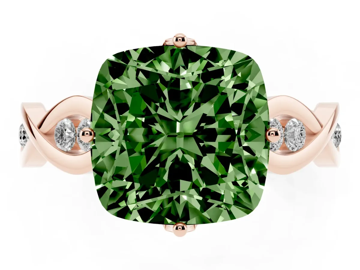 Fancy Green Cushion Cut Solitaire Twist Band with Leaf Prong Setting Rose gold
