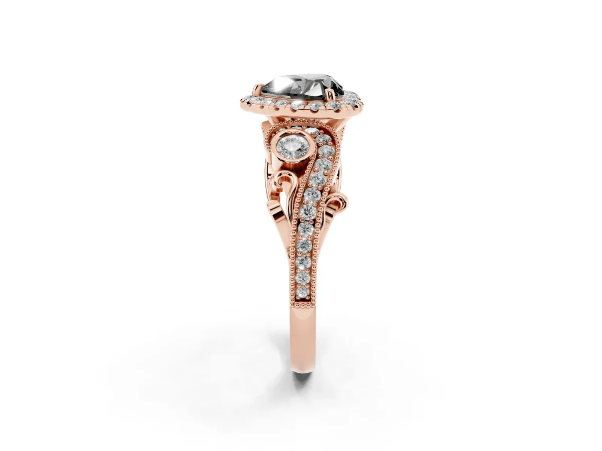 Fancy Black Heart Cut Halo Diamond Ring with Milgrain and Bezel Accents on a Split Shank Band Rose gold