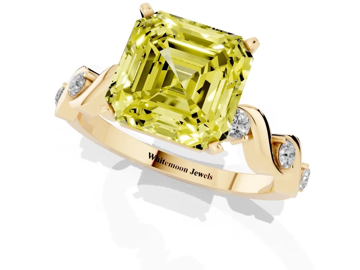 Fancy Yellow Asscher Cut Diamond Solitaire Twisted Band with Round Accents and Prong Setting Yellow gold