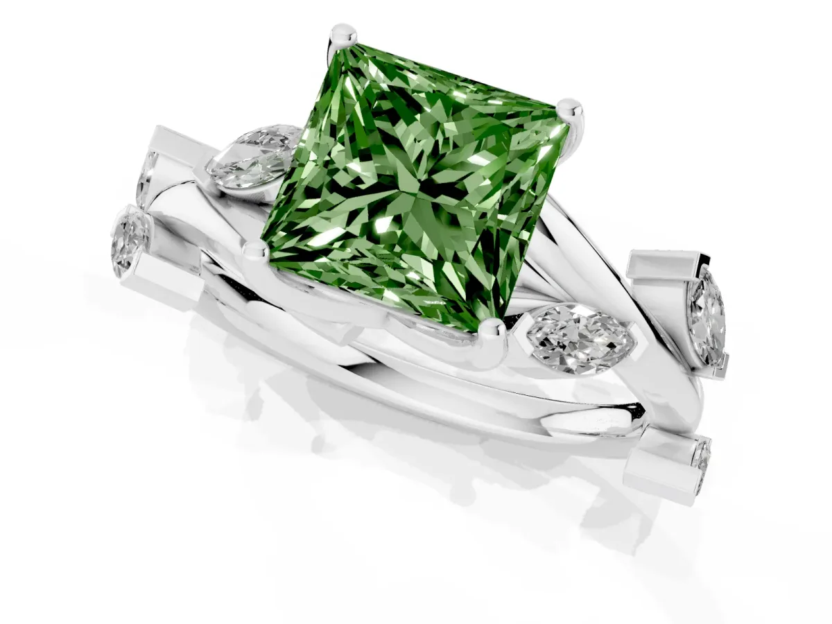Fancy Green Princess Cut Solitaire Twisted Band Marquise Accent Prong Setting Ring Silver