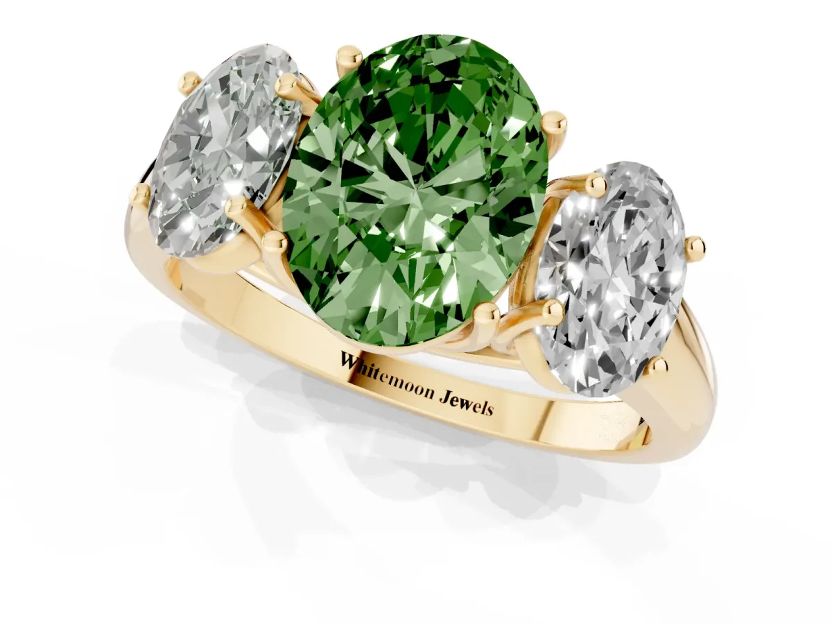 Fancy Green Three-Stone Oval Cut Diamond Engagement Ring with Prong Setting Yellow gold