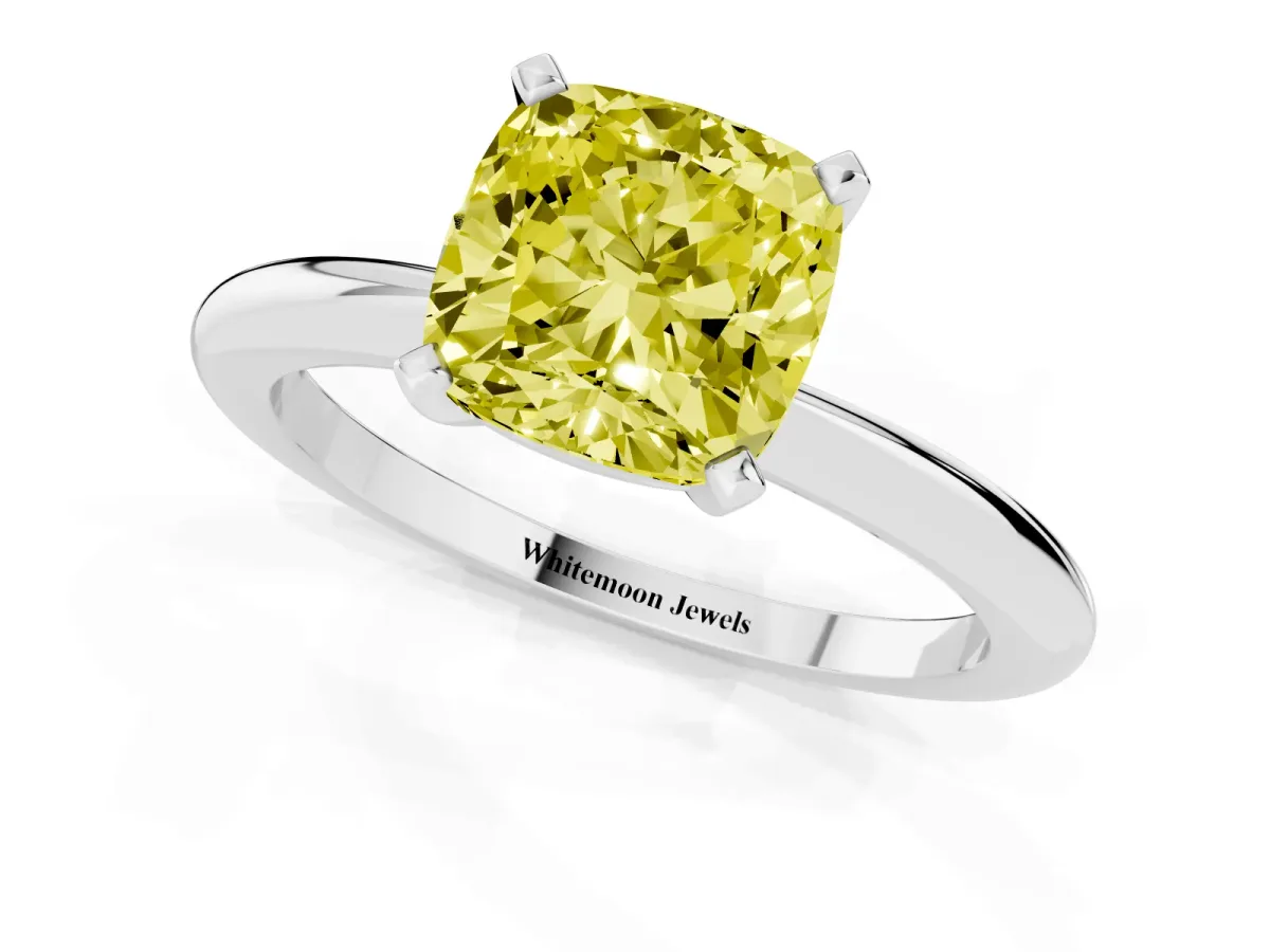 Fancy Yellow Cushion Cut Diamond Solitaire Ring with Prong Setting and Classic Band White gold