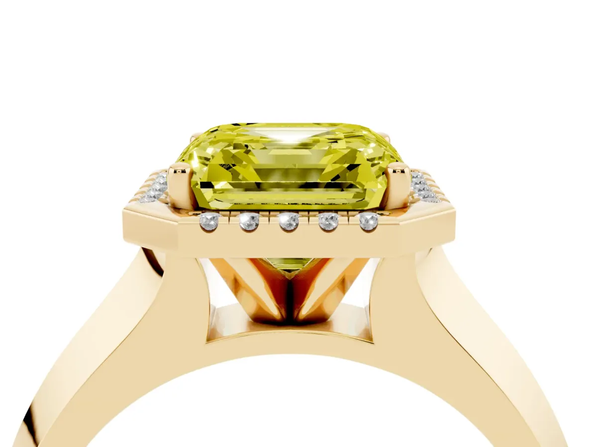 Fancy Yellow Asscher Cut Halo Diamond Ring with Cathedral Band and Four-Prong Setting Yellow gold