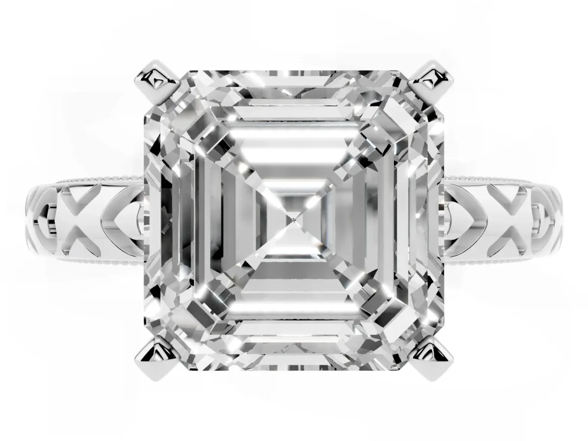 Asscher Cut Solitaire Diamond Engagement Ring with XO Engraved Band and Four-Prong Setting White gold