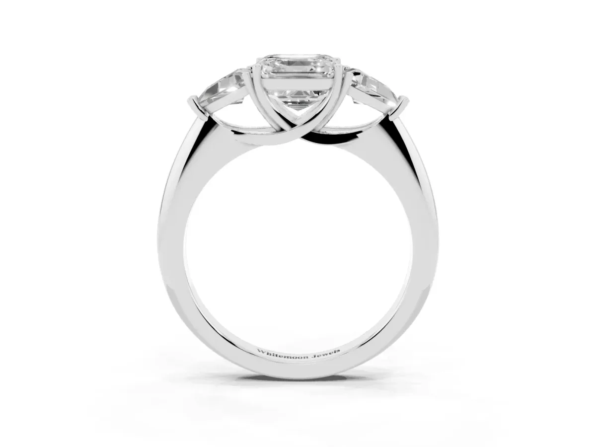 Three-Stone Asscher Cut Diamond Engagement Ring with Trillion Side Stones and Prong Setting Silver