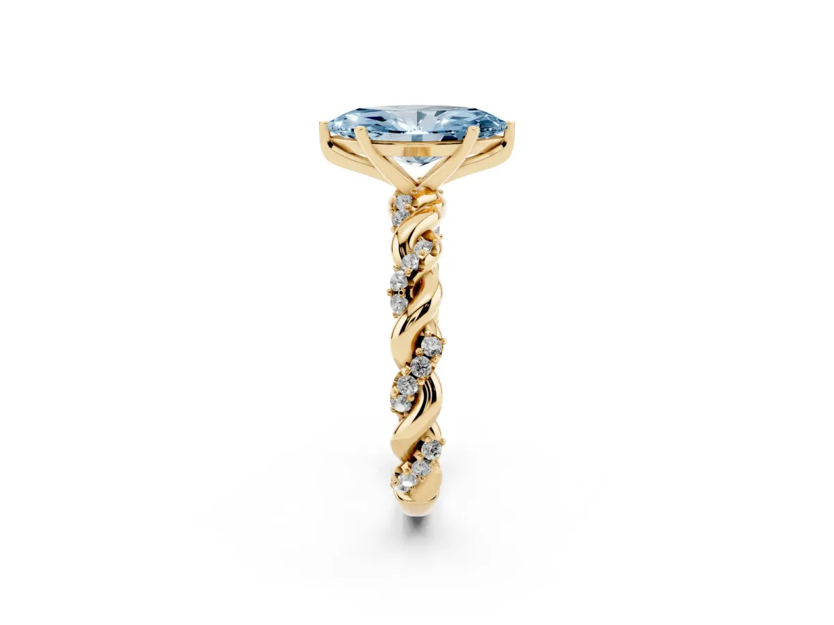 Fancy Blue Marquise Cut Diamond Solitaire Ring with Twisted Band and Pavé Accents Yellow gold